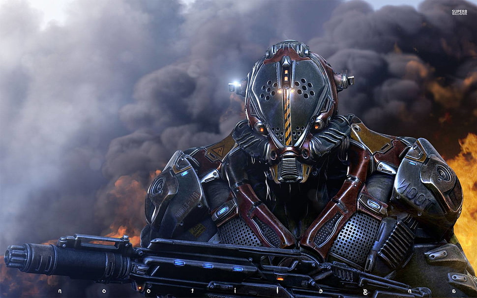 black and gray car engine, digital art, armor, robot, warrior HD wallpaper