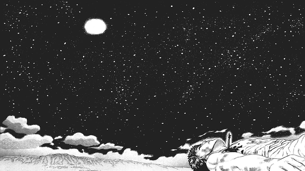 grayscale photo of cloud illustration, Berserk, anime, night sky, Moon HD wallpaper