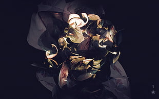 black, beige, and green abstract artwork against black background