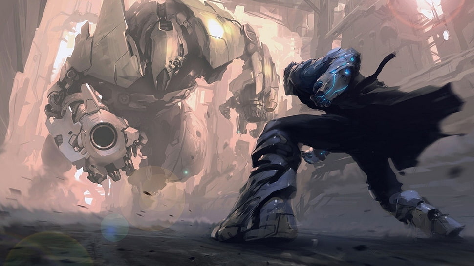 man fighting robot 3D wallpaper, artwork, science fiction, futuristic, anime HD wallpaper