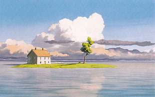 brown and white house and island illustration, island, house, flood, anime
