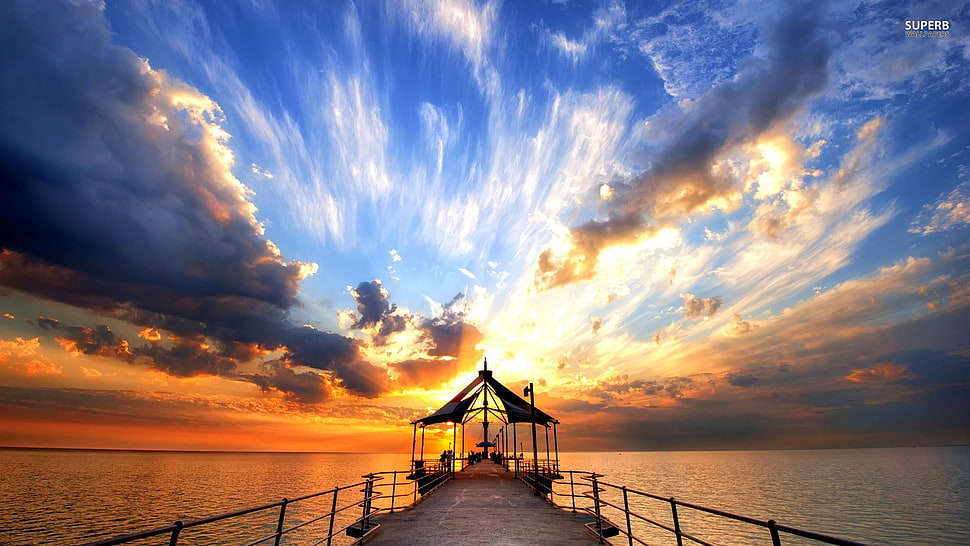 dock with canopy tent, pier, clouds HD wallpaper