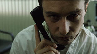close-up photography of man holding telephone, Edward Norton, Fight Club, movies