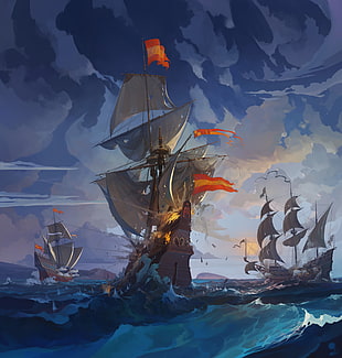 three brown galleon ships painting, Igor Artyomenko, digital art, sea, ship