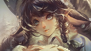 black-haired female animated character painting, fantasy art, animal ears HD wallpaper