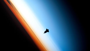 black space shuttle, blue, black, orange, space HD wallpaper