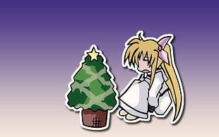 female anime in white dress with Christmas tree illustration HD wallpaper