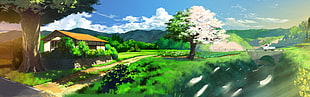 animated house near tree photograph, anime, landscape, nature, peace