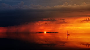 sailboat, landscape, sunset, water, sea