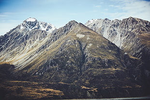 aerial photo of green mountain, nature, snow, mountains