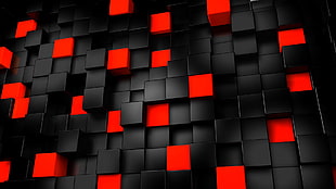 red and black 3D blocks, render, black, red, digital art HD wallpaper