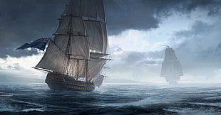 brown flagship, sailing ship, painting