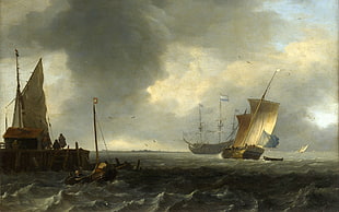 ships on ocean under dark clouds painting