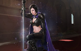 female animated character holding sword while kneeling illustration, fantasy art, sword