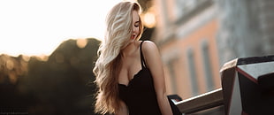 women's black spaghetti strap top, women, blonde, smiling, black dress HD wallpaper