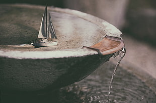 ship miniature, water, boat, fountain