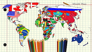 world map illustration, map, world, pencils, paper