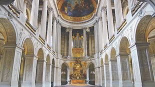 white and gold cathedral, Château de Versailles, palace, gold, marble