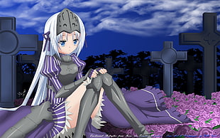 white haired girl in gray knight armor sitting on graveyard anime illustration