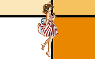 female anime character holding mic and wearing dress