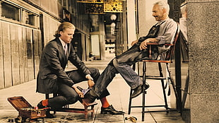 man wearing suit jacket polishing shoes painting HD wallpaper