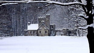 brown concrete house, castle, snow, trees, Ohio