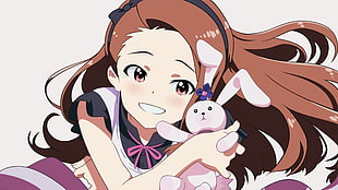girl with brown hair carrying pink rabbit plush toy anime illustration