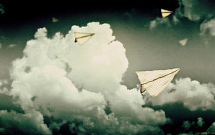 two white paper planes, artwork, sky, paper planes
