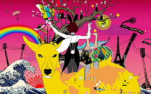 combination of painting yellow deer The Great Wave Kanagawa HD wallpaper