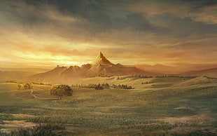 rocky mountain near forest, artwork, landscape, mountains