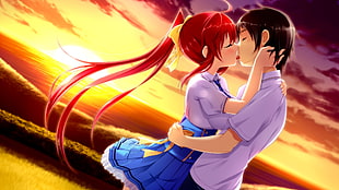 male and female animated character wallpaper, anime, school uniform, kissing, Ano Harewataru Sora yori Takaku