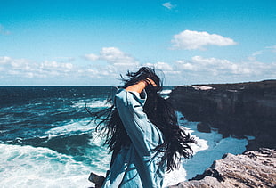 blue chambray jacket, Girl, Wind, Sea