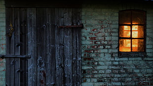 brown wooden door, door, window, bricks, house