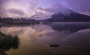 mountain and body of water painting, mountains, sunrise, violet, water