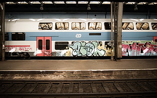 white and black wooden display cabinet, train, railway, graffiti, vehicle