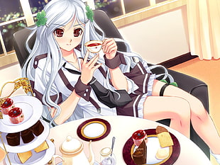high school girl character wearing white and brown school uniform holding almost full teacup sitting on couch