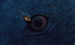 brown boat illustration, sea, boat, eyes, creature HD wallpaper
