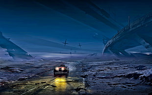 car passing ruined road graphic wallpaper, Romantically Apocalyptic  HD wallpaper