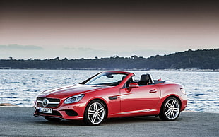 red convertible coupe near body of water HD wallpaper