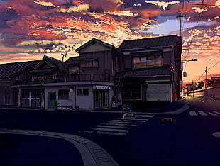 running boy on pedestrian lane anime illustration, building, digital art, sunset, clouds