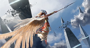 female game character with wings, fantasy art, spear, wings, flying