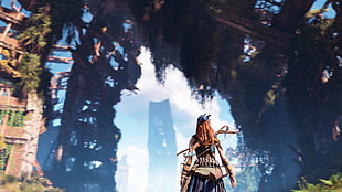brown haired female animated character with bow, horizon zero dawn ,  4K, video games, digital art
