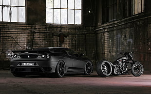 black luxury car, Ferrari F430, car, motorcycle