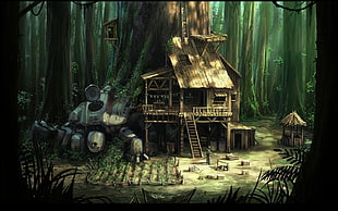 house and tree artwork, house, forest, wood, science fiction