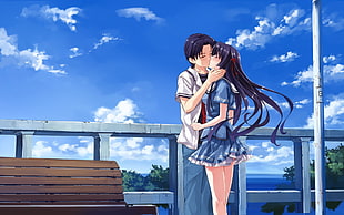 animated man and woman kissing on bridge HD wallpaper