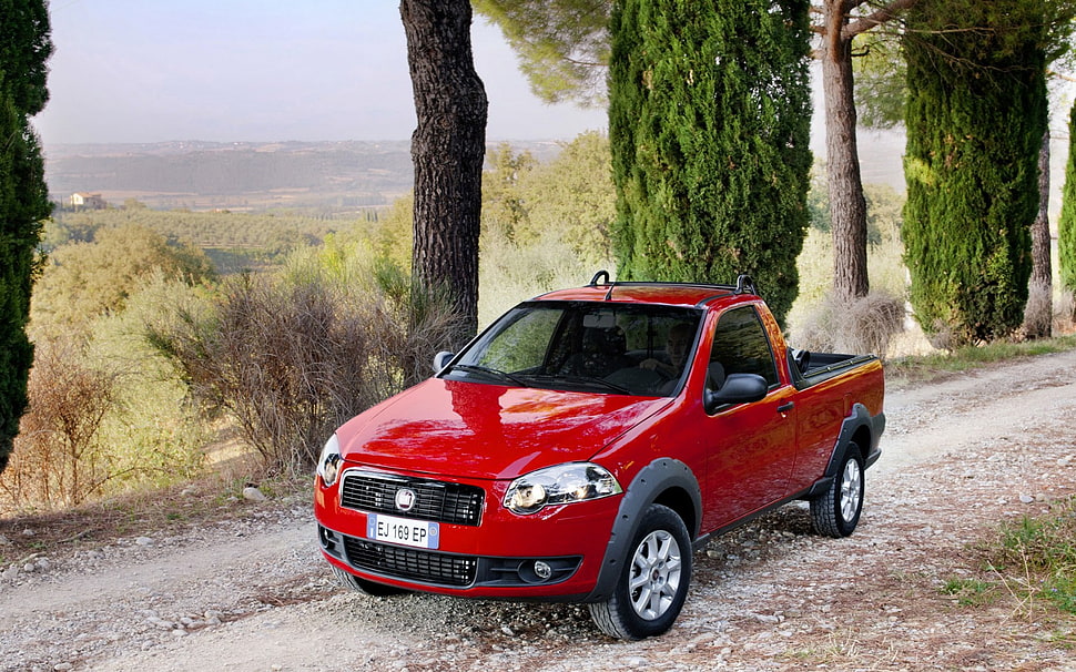 red single cab pickup truck near trees HD wallpaper