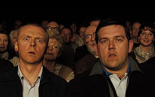 men's black and gray collard top, Nick Frost, Simon Pegg, Hot Fuzz, movies
