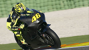 black and yellow sports bike, motorcycle, Rossi, racing, vehicle