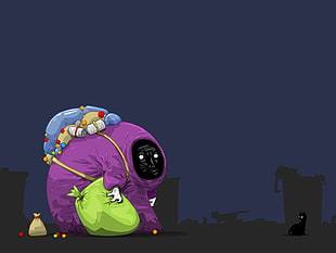 animated photo of monster in purple suit in front of black cat