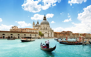 black canoe, city, Venice, boat